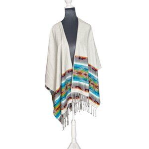 Southwestern-Inspired Gray Poncho With Colorful Geometric Pattern & Fringe Trim